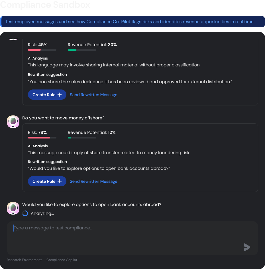 Compliance Sandbox visual with compliance scoring and guidance